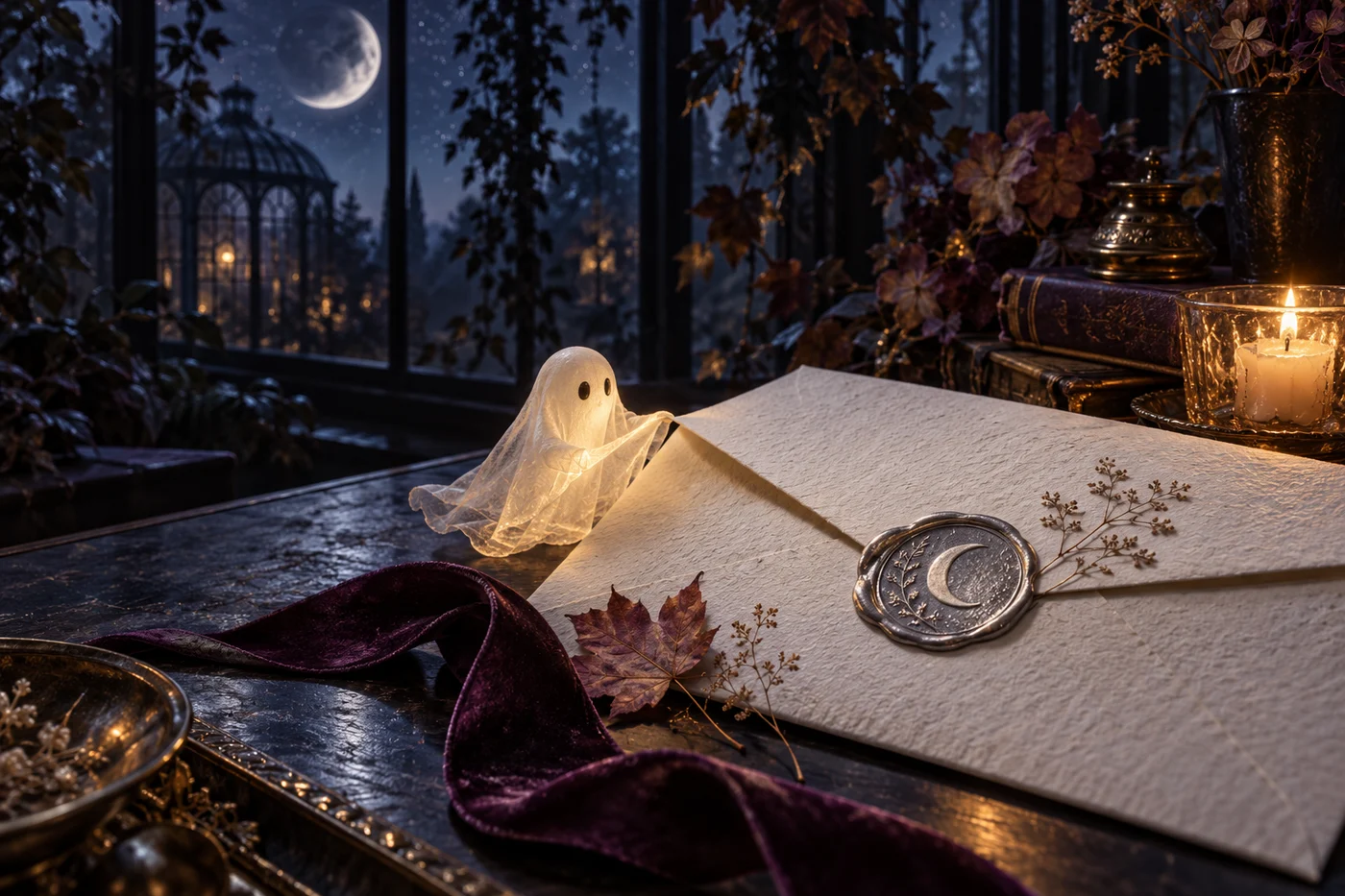 A luminous little ghost beside a cotton-paper envelope, silver moon seal and candle in a moonlit conservatory.